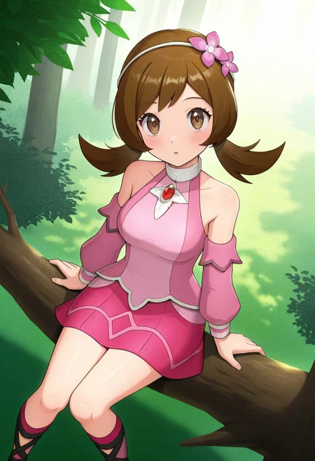 2d, masterpiece, best quality, amazing quality, highres, absurdres, newest, 1girl, solo, sitting, on branch, forest, from above, dutch angle, looking at viewer, medium breasts, syglyra, brown eyes, brown hair, bangs, twintails, hairband, hair flower, choker, red gemstone, detached sleeves, bare shoulders, long sleeves, pink shirt, pink skirt, gladiator sandals, black footwear, pink footwear, rating_safe