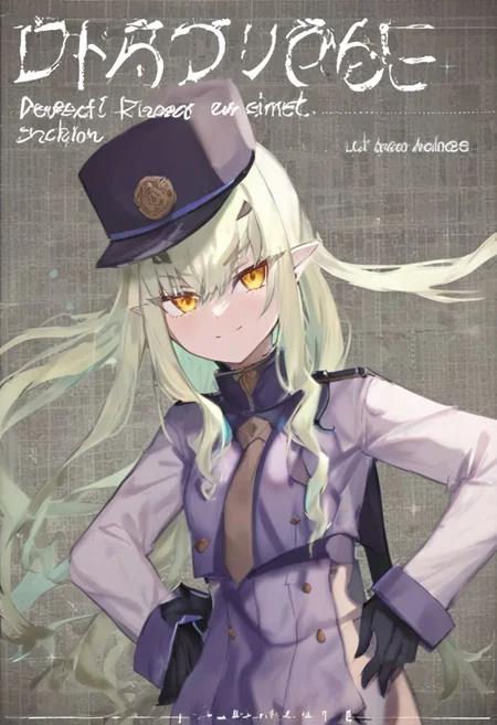 1girl, Melusine \(fate grand order\), fate grand order, solo, long hair, hat, white hair, pointy ears, yellow eyes, peaked cap, jacket, black gloves, hand on own hip, closed mouth, hair over one eye, looking at viewer, brown necktie, large breasts, eyes visible through hair, smile, long sleeves, side ponytail, gloves, upper body, light green hair, character name, necktie, breasts, english text, blush, black headwear, white jacket, 
masterpiece,best quality,  newest, absurdres, safe <lora:ag31_twin_fp8-000036:1>