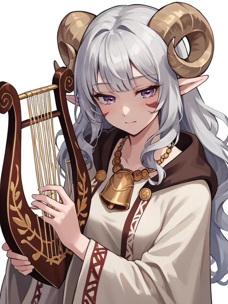 <lora:lyre_r1:0.8> lyre, greek_lyre, holding_instrument, looking at viwer,from above ,
<lora:whisker_markings:0.8>red whisker_markings
, source_furry, score_7_up, rating_safe, cowboy shot, gold necklace, tiefing, short pointed ears, brown horns, (a pair of brown sheep Horns that begin at her temples and curve back: 1.5), bangs, long silver hair long wavy hair, pale skin, ,short pointy ears, purple eyes, <lora:age_slider_v4:0.6> medium breasts, skinny female, close up, silver hair, <lora:Tieflingnew weird fantasyDND:0.3> Tiefling, pointed ears, horns, half-closed eyes<lora:Smooth Style 2 SDXL_LoRA_Pony Diffusion V6 XL:0.5> bell, robe, hood off,