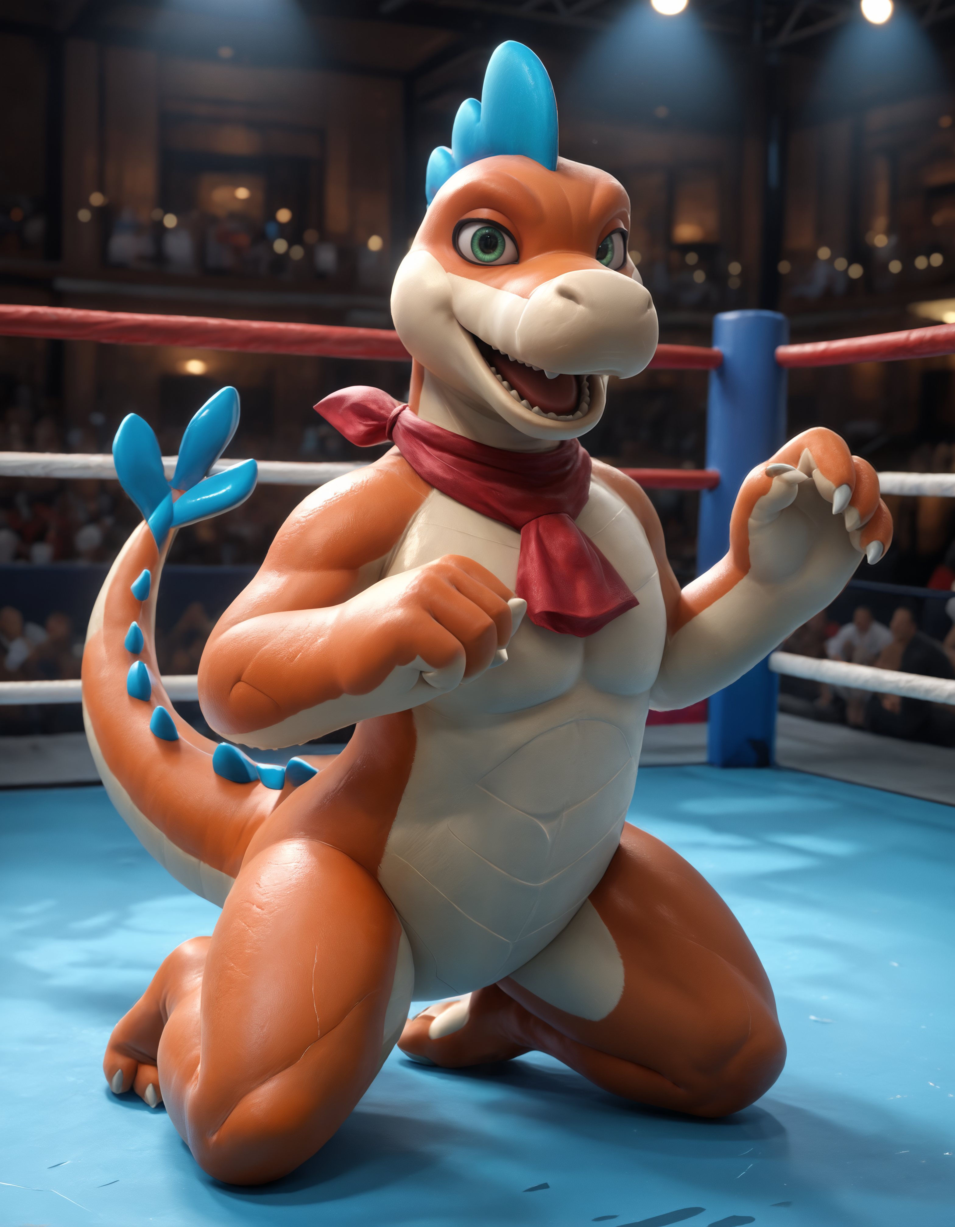 score_9, score_8_up, score_7_up, BREAK (anthro, furry:1.1), depth of field, cinematic lighting, masterpiece, (detailed teeth, detailed hands:1.25), best quality, ultra realistic, 4k, 2k, film photography, RAW photo, photorealistic, analog style, subsurface scattering, photorealism, embedding:unaestheticXL_bp5, embedding:zPDXL,(best quality, high quality, 8K:1.5), <lora:add-detail-xl:2.5>, <lora:fix_hands.safetensors:2.0>, <lora:2.5DRealisticV2.safetensors:0.3>, <lora:sinfully_stylish_SDXL.safetensors:0.6>, <lora:AdvancedEnhancerXLv2.safetensors:1.0>, (hi res), ((masterpiece)), ((best quality)), illustration, <lora:Plessie_Super_Mario.safetensors:0.8>, (furry, anthro:1.2), Plessie, dinosaur, marine, girly, plesiosaur, plesiosaurus, prehistoric species, reptile, scalie, ascot, barefoot, big nose, claws, feet, looking at viewer, male, narrowed eyes, on front, open mouth, smile, solo, tail, toe claws, green eyes, standing, biped, (fight in the ring, Japanese wrestlers, jumping techniques, delicate facial features, sexy figures, 4K:1.2)