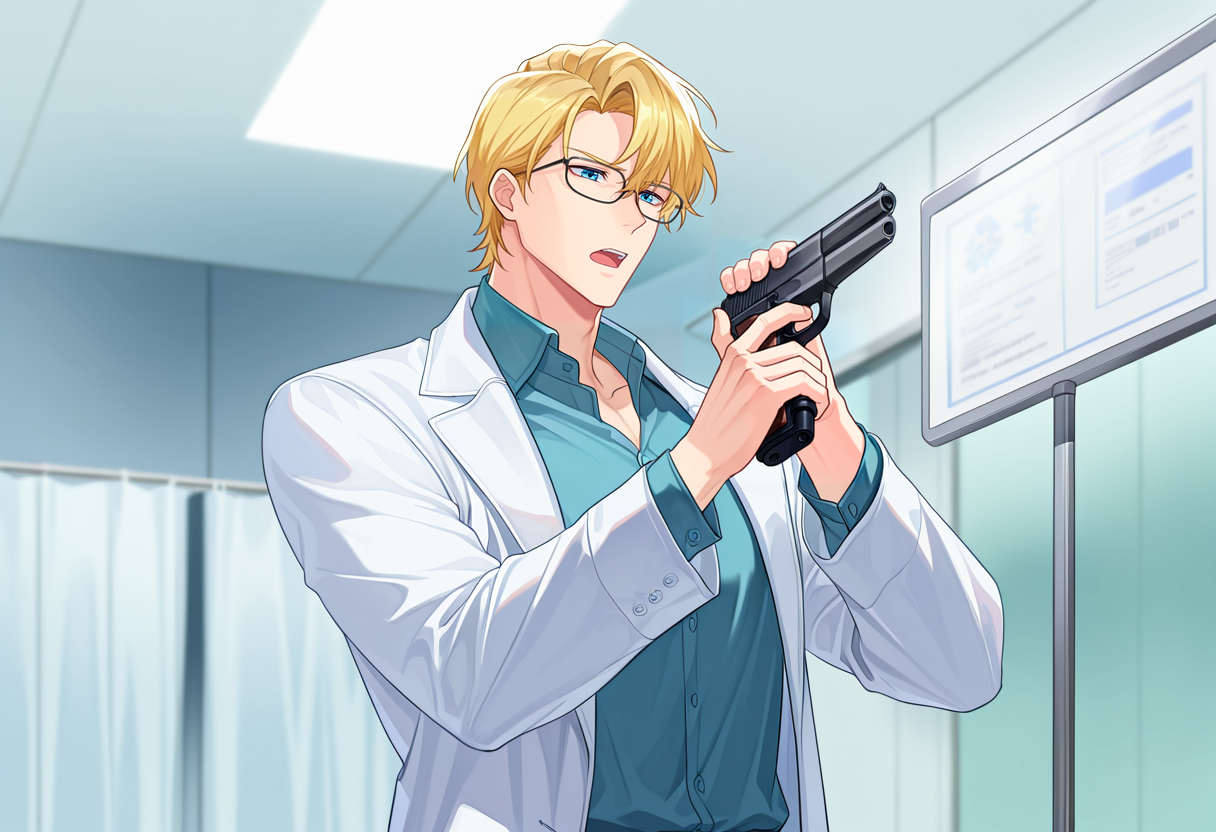 masterpiece, best quality, absurdres, 1boy, blonde hair, short hair, glasses, aged up, white coat, open coat, shirt, collared shirt, hospital, open mouth, holding weapon, hands up, holding gun, handgun, <lora:Im_a_healer_but_meme:1>