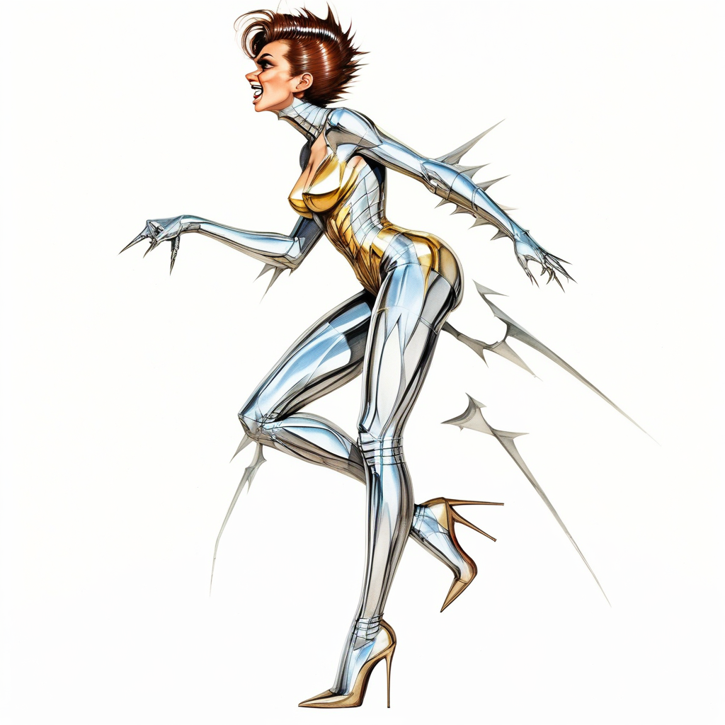1girl, sharp teeth, spikes, joints, from side, looking up, superhero, high heels, brown hair, antennae, white background