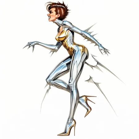 1girl, sharp teeth, spikes, joints, from side, looking up, superhero, high heels, brown hair, antennae, white background