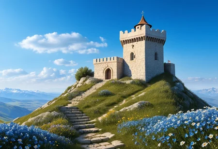 a crusader watchtower on a knoll, (13th Century:1.5), a stairway to the watchtower, gate, doorway, very wide shot, far out shot, fantasy, blue sky, alpine meadow flowers, best quality, masterpiece, realistic, photo-realistic, amazing, finely detail, ultra-detailed, highres, extremely detailed, 8k wallpaper