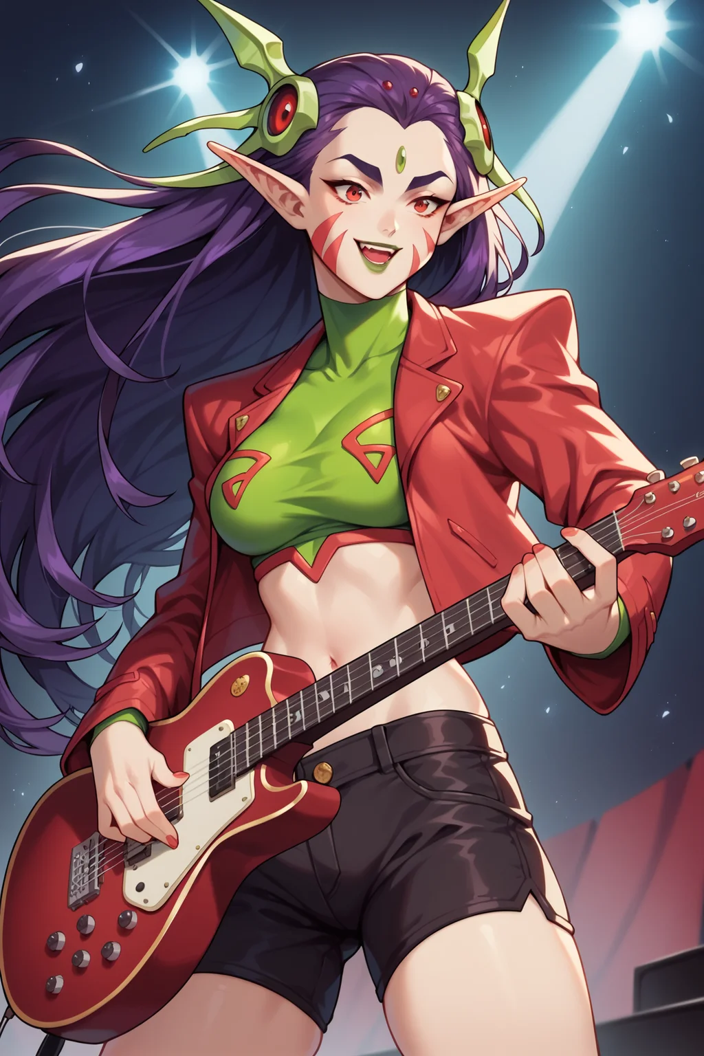 score_9, score_8_up, score_7_up, score_6_up, 1girl, solo, sivilmcseven, red eyes, purple hair, long hair, facial mark, forehead jewel, pale skin, pointy ears, lipstick, red jacket, black crop top, black shorts, stage, playing instrument, electric guitar, smile, open mouth,
<lora:Sivil:1>