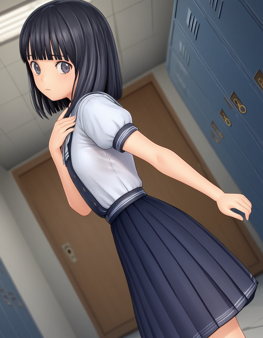 score_9, score_8_up, score_7_up, source_anime, <lora:rinze-himenogi-ingame-ponyxl-lora-nochekaiser:1>, rinze himenogi, bangs, black hair, blunt bangs, black eyes, 3d, skirt, dress, school uniform, short sleeves, puffy sleeves, black dress,, school hallway, lockers, between classes, everyday life, , , from side, solo,, dutch angle,