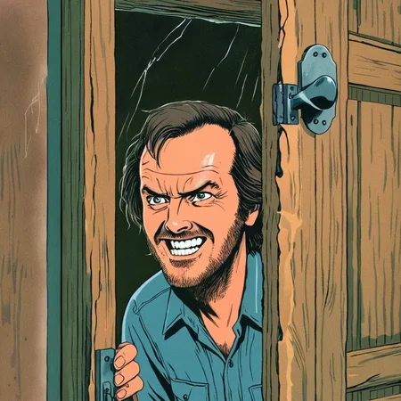 anime artwork of <lora:perfection style:0.5> <lora:detailed:0.5> perfection detailed
<lora:The Shining film style:1>
Jack Torrance In the 1980's in the Colorado Rocky Mountains a man with a beard and a shirt is looking through a broken door with a creepy smile,solo,open mouth,1boy,male focus,teeth,facial hair,portrait,meme,realistic,mustache,stubble,wrinkled skin , cinematic, film, kodak, The Shining film style, here's johnny style, anime style, key visual, vibrant, studio anime, highly detailed
