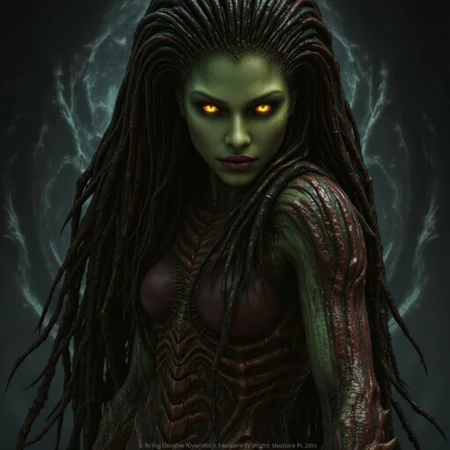 aidmafluxpro1.1, aidmarealisticskin, The image is a photograph of a female humanoid alien figure, likely a movie poster. The creature has an elongated, humanoid body with a female, muscular, athletic build. Its skin is a blend of dark green and reddish tones, with a scaly, textured surface that suggests a reptilian or insectoid origin. The creature's face is striking, with sharp, angular features, glowing yellow eyes, and a mouth filled with sharp teeth.