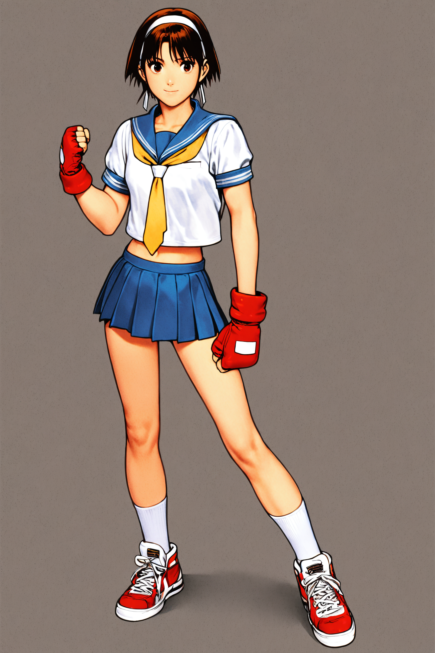 1girl,kasugano sakura,solo,school uniform,serafuku,white headband,sailor collar,brown hair,blue sailor collar,yellow necktie,blue skirt,sneakers,red gloves,short hair,shoes,fingerless gloves,midriff,crop top,brown eyes,
<lora:shinkiro_XL_v2:0.9>,