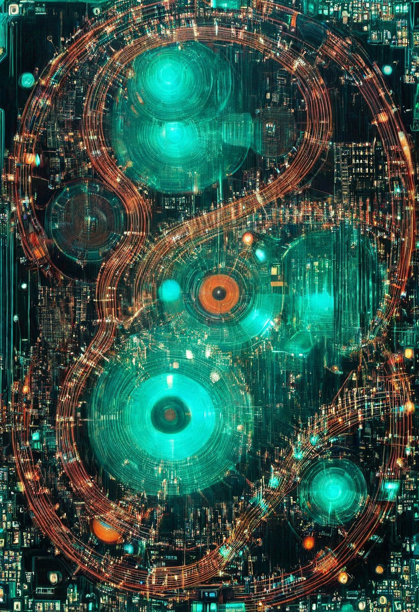 double exposure of opera diva Hatsune Miku with long floating aqua twintails singing high note blending  with a printed circuit board of Yamaha electronics chip processor, <lora:DoubleExposure:1>, (head:1.8), <lora:The Phantom of the Opera style:1.5> The Phantom of the Opera style, <lora:loraeyesxl:0.4>
