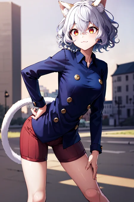 masterpiece, best quality, highres, neferpitou1, cat ears, (cat tail:0.6), solo, short hair, red eyes, long sleeves, hair between eyes, :3, curly hair, striped, cat girl, buttons, striped shorts, <lora:neferpitou_v1:0.6>, town, leaning forward, hand on hip,