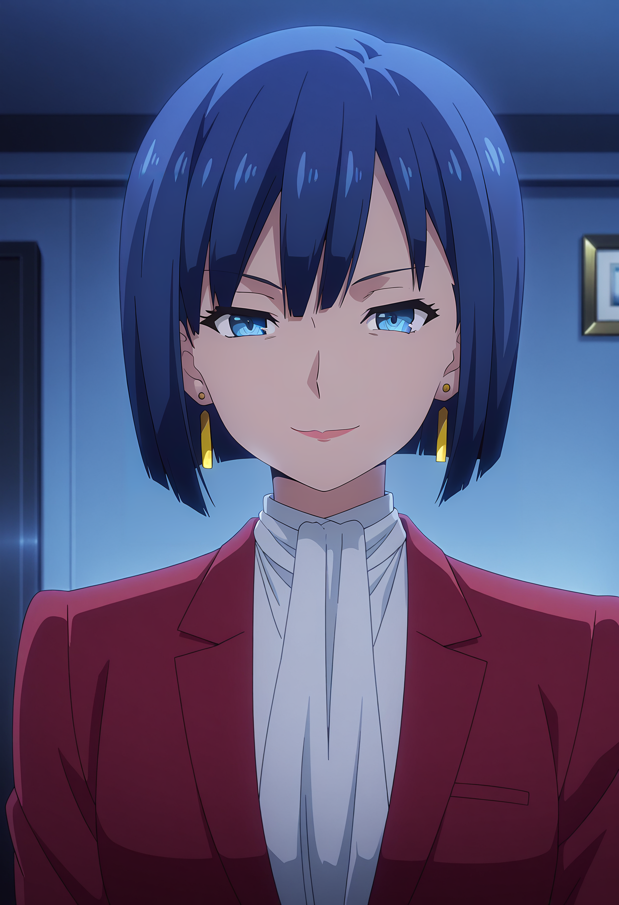 1girl,solo,mm,mature female,short hair,blue hair,blue eyes,earrings,anime coloring,
formal,red suit,upper body, looking at viewer, smile,indoors
,masterpiece,best quality,amazing quality,<lora:Akino_Yuugiri-Engage_Kiss:0.8>