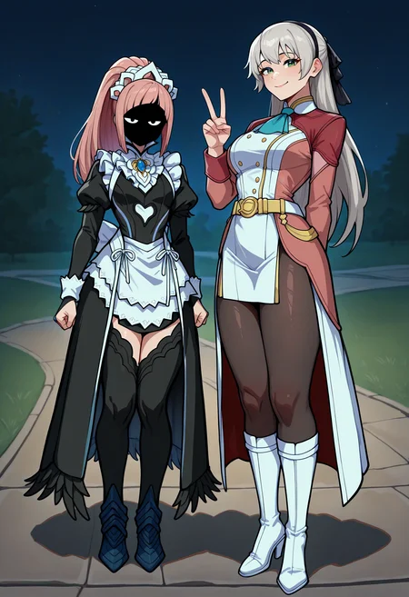 masterpiece, best quality, newest, absurdres, highres, 2girls, full body, standing, outdoors, shaded face, shadow, night, <lora:WhyDisNinjaLookSoMadMeme_illusXL_Incrs_v1:0.75>, looking at viewer, felicia \(fire emblem\), pink hair, long hair, ponytail, maid headdress, black feathered collar, blue brooch, breasts, maid, juliet sleeves, maid apron, bridal gauntlets, black thighhighs, thighs,
masterpiece, best quality, newest, absurdres, highres, 2girls, full body, standing, outdoors, shaded face, shadow, night, <lora:WhyDisNinjaLookSoMadMeme_illusXL_Incrs_v1:0.75>, seductive smile, v, elie macdowell, grey hair, long hair, green eyes, black hairband, hair ribbon, black ribbon, red shrug top, blue ascot, white dress, yellow belt, skirt, thighs, black pantyhose, white boots,