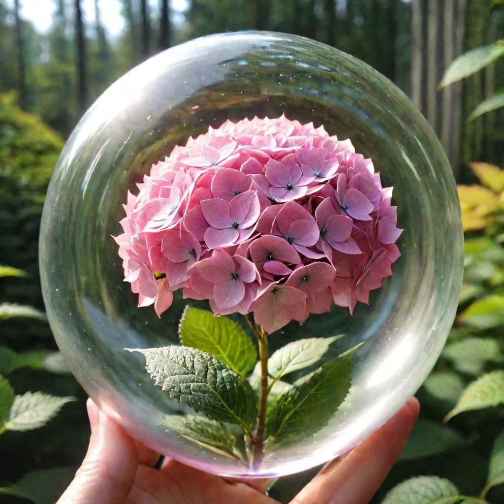 a pink hydrangea in a glass ball