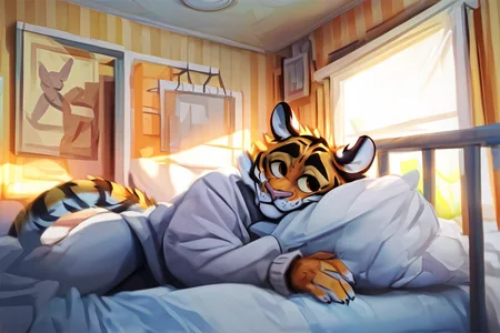 source_furry,  furry tiger, wearing a striped blue and white sweater, laying on a bed, bedroom, bed, window, yellow wallpaper, cozy,  <lora:Test 1  epoch5:1>, score_9, score_8_up, score_7_up,