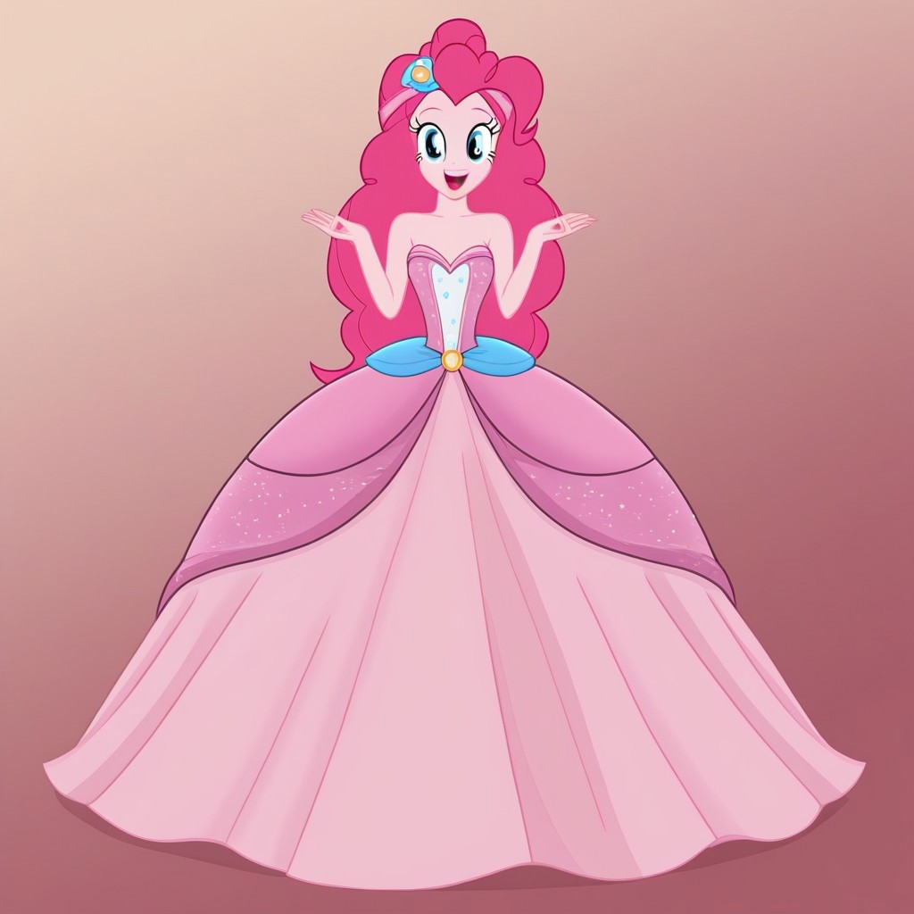 pinkie pie, solo, 1 girl, blunt bangs, Blue eyes, long hair, makeup, pink hairband, Very long large straight tulle pink princess ball gown hoop skirt, ball gown hoop skirt, pink princess dress, hoopdress, my big princess gypsy wedding dress, ballgown, a girl in a dress posing for a picture, wearing a sleeveless ballgown, looking at viewer and smiling, blowing kisses
