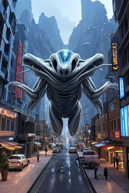 realistic, hyperrealistic, high quality, best quality, scifi town, alien metamorphosis