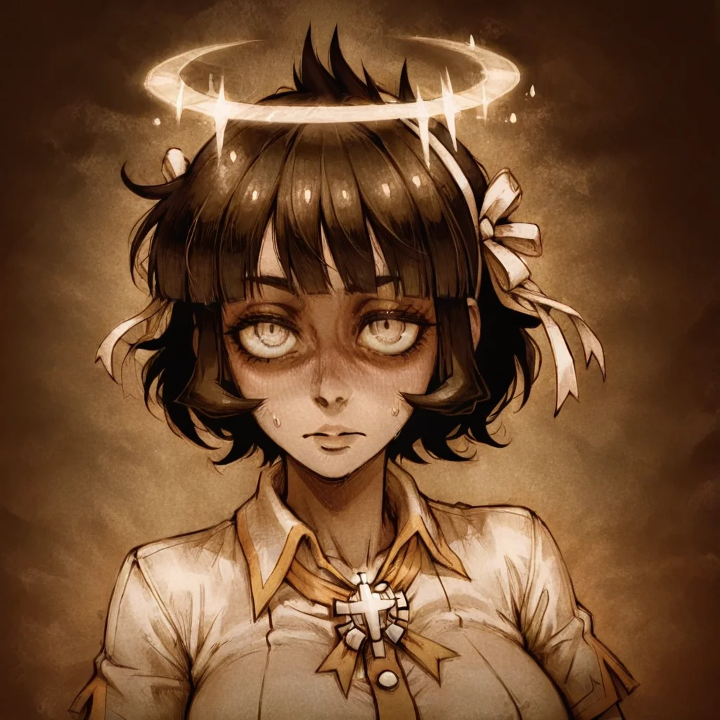 masterpiece, best quality, newest, absurdres, highres, D3CSPS-V1.0, brown theme, sepia, 1girl, azazel_(helltaker), short hair, black hair, halo, white shirt,