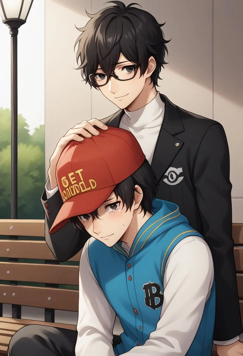 score_9, score_8_up, source_anime, highly detailed, 2boys, skinny,
shinya, 1boy, hat, baseball cap, jacket, black hair, black eyes, short hair, upper body, letterman jacket, red headwear, sad, tears, BREAK
ren, male focus, 1boy, black hair, pants, glasses, upper body, hoodie, jacket, smile, gentle BREAK
outdoor, bench, upper body, hand on other's head, sit, consularing,