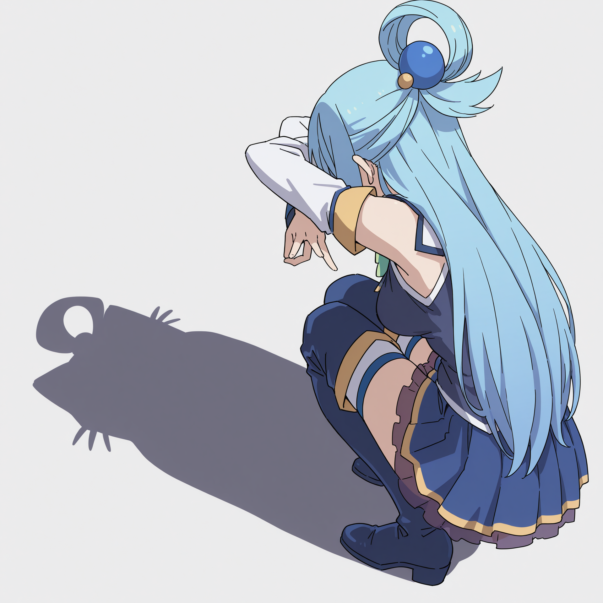 highres, absurdres, hi res, best quality, masterpiece, 2d, intricate details, 4k, anime coloring,
1girl, solo, blue hair, hair ornament, hair rings, long hair, very long hair, aqua \(konosuba\),
thigh boots, thighhighs, thighhighs under boots, boots, blue footwear, detached sleeves, pleated skirt, miniskirt, blue skirt, 
from behind, from side, shadow, animal, parody, squatting, cat, meme, cat shadow puppet \(meme\), cat shadow puppet (meme), crossed arms,
white background, <lora:Cat_Shadow_Puppet_(Concept)_ILXL:1>,