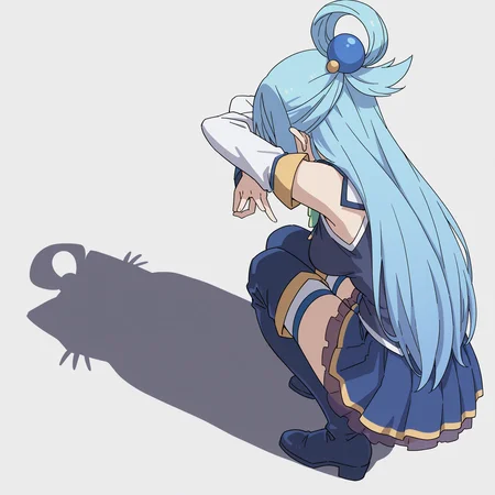 highres, absurdres, hi res, best quality, masterpiece, 2d, intricate details, 4k, anime coloring,
1girl, solo, blue hair, hair ornament, hair rings, long hair, very long hair, aqua \(konosuba\),
thigh boots, thighhighs, thighhighs under boots, boots, blue footwear, detached sleeves, pleated skirt, miniskirt, blue skirt,
from behind, from side, shadow, animal, parody, squatting, cat, meme, cat shadow puppet \(meme\), cat shadow puppet (meme), crossed arms,
white background, <lora:Cat_Shadow_Puppet_(Concept)_ILXL:1>,
