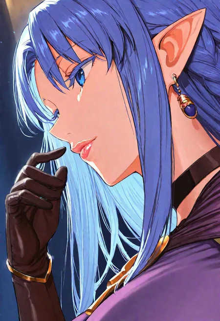 1girl, Medea \(fate\),, adult woman, earrings, masterpiece, purple dress, hand up, black gloves, blue hair, long hair, pointy ears, luscious lips, lip gloss, portrait, colored eyelashes, backlighting, blue eyes, goddess, glossy skin, ,hires,best quality, very aesthetic,absurdres,score_9, score_8_up, score_7_up, score_6_up, score_5_up, score_4_up, (hyper extreme detailed), (hyper quality), game CG, (colour:1.2),(from side:0.7)