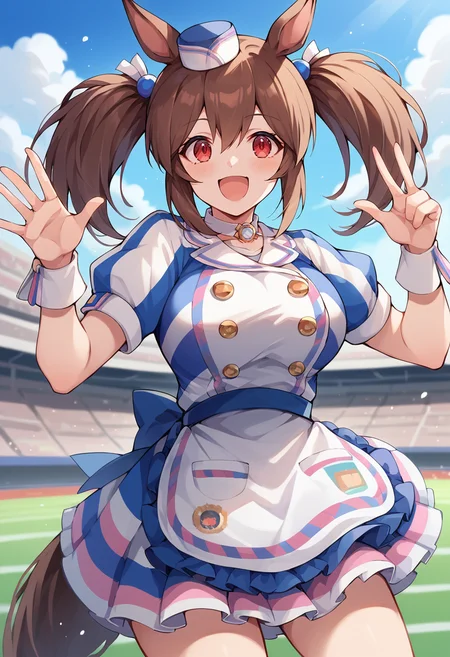 <lora:HishiAkebono-05:1> hishi akebono, brown hair, animal ears, twintails, horse ears, horse girl, red eyes, tail, large breasts, hat, short sleeves, wrist cuffs, puffy short sleeves, apron, stadium, happy,, score_9, score_8_up, score_7_up, source_anime,