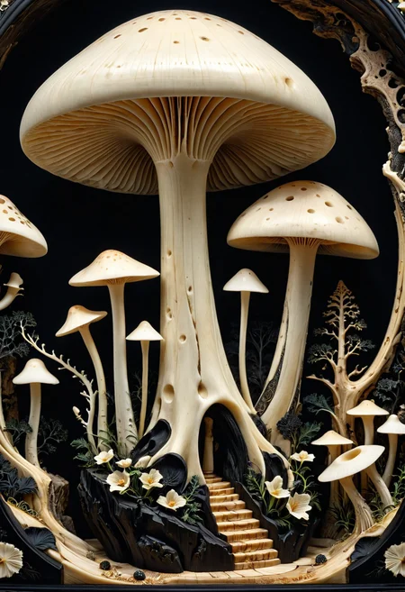 mushroom made out of, ebony, ivory, scrimshaw, bone carving,
light reflection, cave background, luminescent,
depth of field, dramatic lighting, detailed shadows,
blurry background, extreme close up, intricate detail,
<lora:Ebony_and_Ivory_Scrimshaw_style_-_SDXL:1>, masterpiece, best_quality, amazing_quality, very_aesthetic, 8k, high_quality, highres, absurdres, subject_focus,