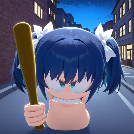 *LORA WEIGHT: 1.1* wormsteam17, mayhemworm, worm, 1worm, no humans, solo, female worm, dark blue hair, bangs, twintails, white hairbows, aqua eyes, worm hand, holding baseball bat, looking at viewer, angry, frown, outdoors, street, building, starry sky, night, dim lighting, masterpiece, best quality
