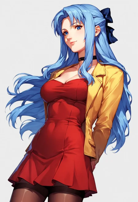 score_9, score_8_up, score_7_up, score_6_up, 1girl, solo, Sylia_Stingray, blue hair, blue eyes, long hair, half updo, choker, red dress, yellow jacket, skirt, pantyhose, hair bow, detailed eyes, perfect face, perfect eyes, sexy, sexy girl, beautiful eyes, petite body, medium breasts, standing, arms behind back, posing, light smile, simple background, from below, dynamic angle