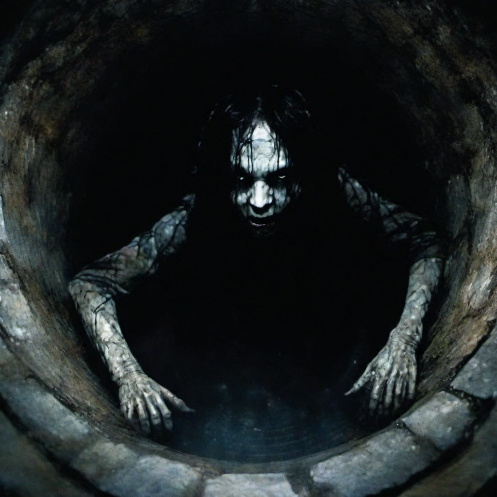 Horror-themed a creepy woman, hair hiding the face,  crawling out of a well <lora:lcm_lora_sdxl:1> <lora:TheRing1024:0.85> . Eerie, unsettling, dark, spooky, suspenseful, grim, highly detailed