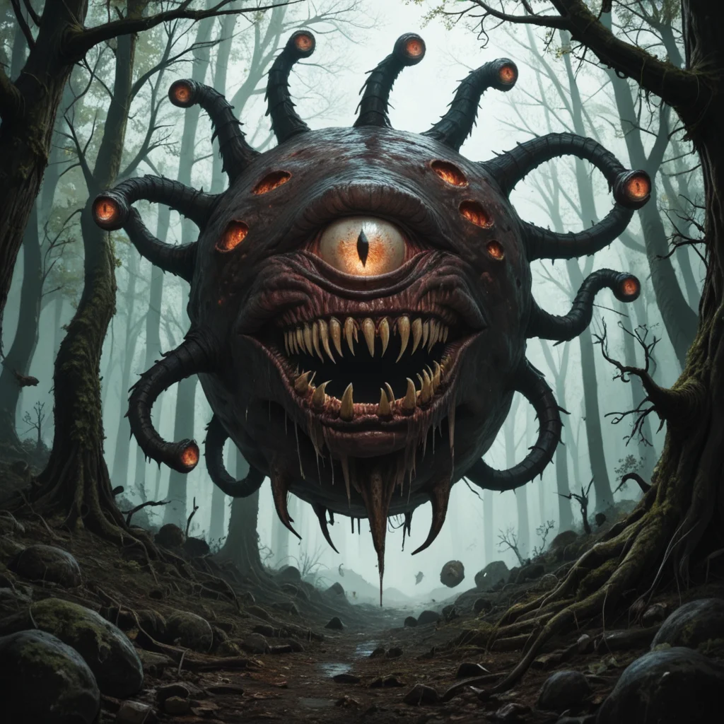 Horror-themed score_9_up, score_8_up, score_7_up, beholders, bhv2, a beholder, wings, tentacles, eyes on tentacle tips, sharp fangs, wide mouth, floating, in a dark forest, withered vegetation, dead trees <lora:beholdersv1-pony:1> . Eerie, unsettling, dark, spooky, suspenseful, grim, highly detailed