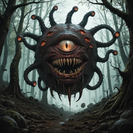 Horror-themed score_9_up, score_8_up, score_7_up, beholders, bhv2, a beholder, wings, tentacles, eyes on tentacle tips, sharp fangs, wide mouth, floating, in a dark forest, withered vegetation, dead trees <lora:beholdersv1-pony:1> . Eerie, unsettling, dark, spooky, suspenseful, grim, highly detailed
