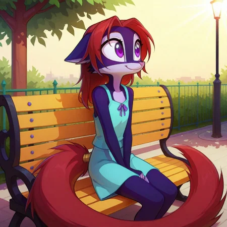 Dreamkeepers,Indi_and_Digo,1girl,solo,furry,tail,source_furry,,red hair,purple fur, purple eyes,masterpiece,
kid, child,
sitting, park_bench, sitting on bench, swinging_legs, cheerful_expression, long_hair, casual_clothing, outdoors, sunshine, relaxed_pose, warm_sunlight, gentle_breeze, soft_focus, detailed_background