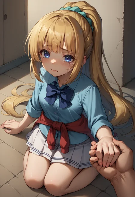score_9, score_8_up, score_7_up, 1girl, holding hands, solo focus, pov hands, out of frame, <lora:HoldingHandsPOV_XLPD:1>, full body, crying, crying with eyes open, looking at viewer, <lora:ChamKeiKaruizawaPonyXL:1> KaruizawaBase, ponytail, hair scrunchie, school uniform, blue shirt, bowtie, white skirt, clothes around waist, kneeling, wariza, from above,