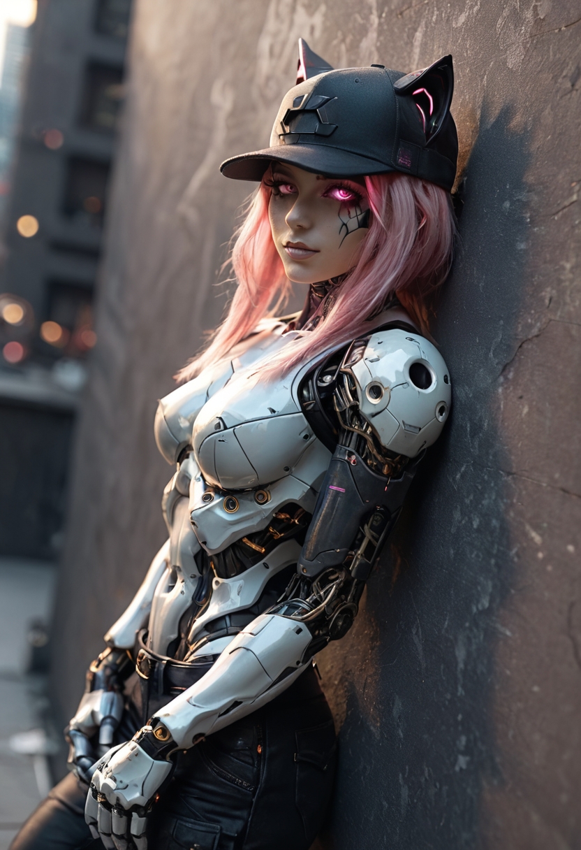 (dutch angle, from above:1.2), (leaning backs against the wall:1.2)
cyborg 1girl,(  ((white))robotic mechanicalbody:1.35), shiny,  baseball cap with cat ears, long pink hair, pink glowing eyes, dark skull makeup,. cyberpunk , cargo pants, (night city in background:1.2), science fiction, sexy pose
.vibrant, shadows, dark background, dim light, neons, (depth of field, bokeh:1.2)