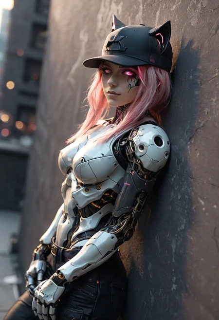 (dutch angle, from above:1.2), (leaning backs against the wall:1.2)
cyborg 1girl,(  ((white))robotic mechanicalbody:1.35), shiny,  baseball cap with cat ears, long pink hair, pink glowing eyes, dark skull makeup,. cyberpunk , cargo pants, (night city in background:1.2), science fiction, sexy pose
.vibrant, shadows, dark background, dim light, neons, (depth of field, bokeh:1.2)