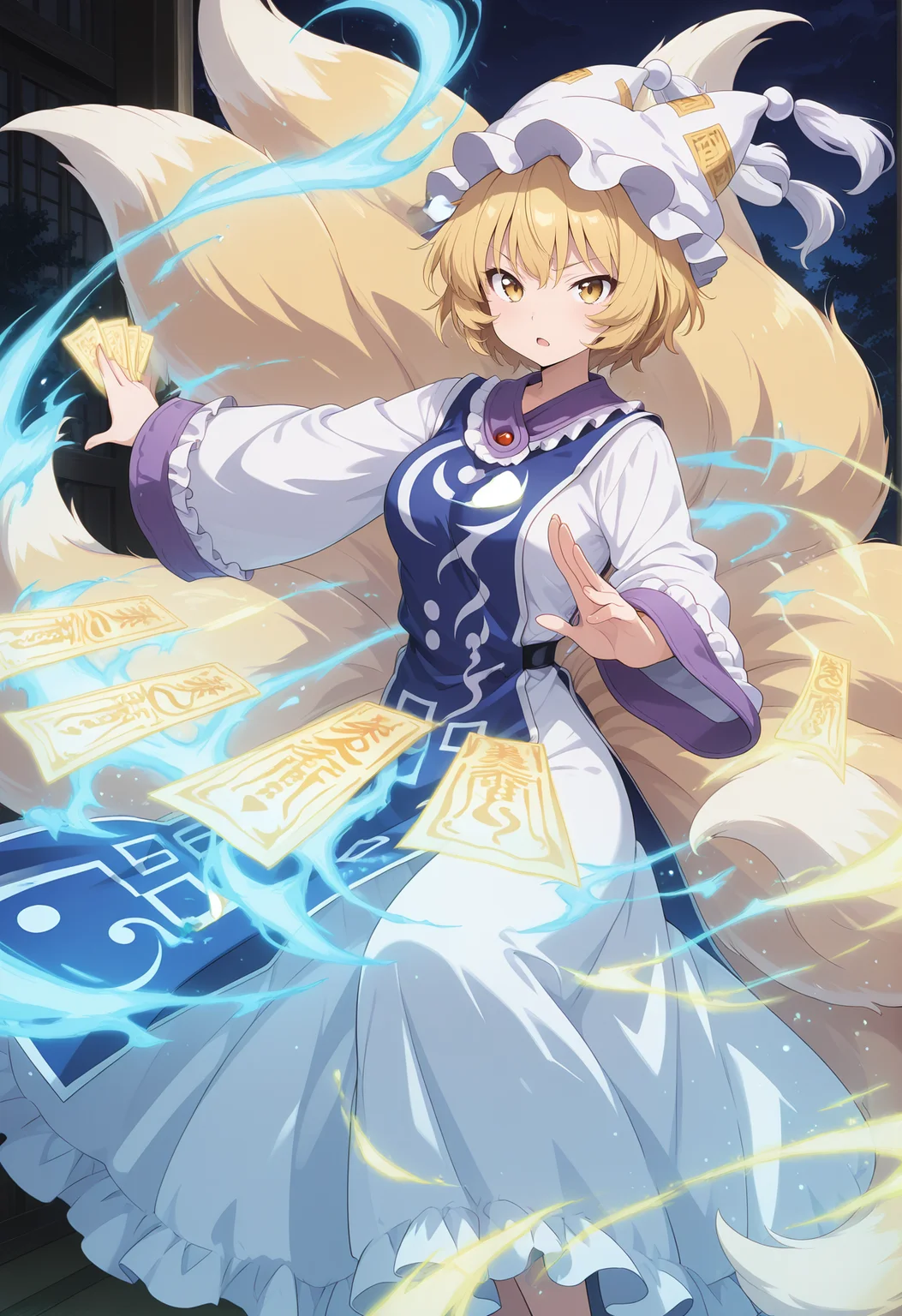 absurdres, highres, masterpiece, best quality, amazing quality, official anime artwork, screencap, anime screencap, dynamic pose, light particles, looking at viewer, spell card, danmaku,
<lora:Yakumo-Ran_Illustrious:1> yakumo ran, 1girl, solo, yellow eyes, blonde hair, short hair, multiple tails, fox tail, fox ears,, hat, white headwear, ofuda, tabard, white dress, long dress, frills, long sleeves, wide sleeves,
night, dark, open mouth, serious,