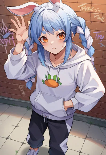 score_9, score_8_up, source_anime, 1girl, solo, UsadaPekora, orange eyes, thick eyebrows, rabbit ears, two-tone hair, blue hair, white hair, long hair, twin braids, urban and street style, graffiti-inspired colors, cool and edgy attire, sweatpants, hoodie, stylish sneakers, fashionable accessories, hip hop jewelry, confident expression, graffiti walls, energetic and vibrant atmosphere, <lora:ChamUsadaPekoraPonyXL:1>