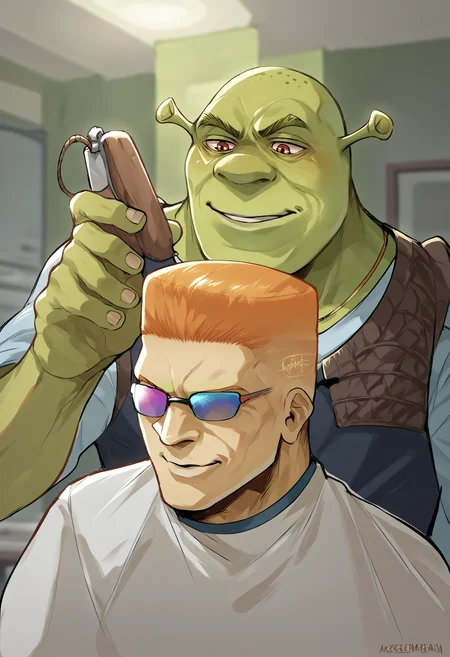 score_9, score_8_up, score_7_up, source_anime, 2boys, IncrsHaircutMeme, smile, holding, <lora:HaircutMeme_XLPD:0.55>
BREAK <lora:Shrek_XLPD:1> shrek, green skin,
BREAK <lora:albertwesker-guy-PONYv1:1>, albertwesker, sunglasses,