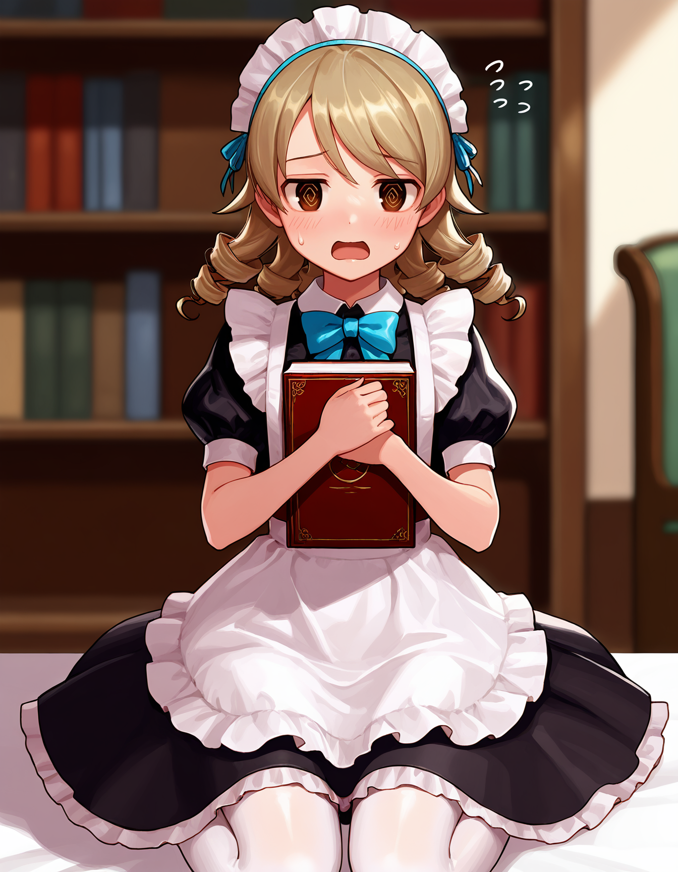 masterpiece,best quality,<lora:dnf_noob:0.8>,dnf,1girl, morikubo nono, solo, maid headdress, apron, maid, book, enmaided, sitting, holding, ringlets, drill hair, blush, indoors, short sleeves, maid apron, white apron, dress, alternate costume, wariza, looking at viewer, holding book, puffy sleeves, bookshelf, puffy short sleeves, frills, open mouth, pantyhose, brown eyes, medium hair, sweatdrop, blurry, black dress, frilled apron, @_@, bow, bangs, white pantyhose, blurry background, light brown hair, bowtie, blonde hair