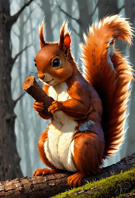 npcp squirrel, looking to the right, holding a hazel, handdrawn cartoon-style advntr, no background