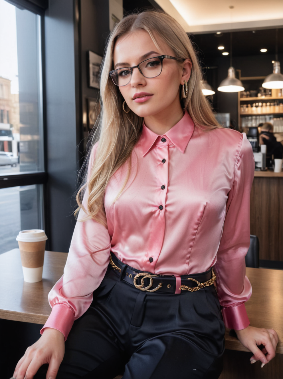 cinematic, volumetric lighting, very detailed, high resolution, sharp, sharp image, Aviva Sofia, wearing a brink pink satin collared shirt, black office trousers with a chain belt, sitting at a coffee store, long blonde hair, brown eyes, makeup, glasses, fine silk fabric emphasis, visible bright shirt buttons, <lora:CollaredShirt_SDXL:0.75>