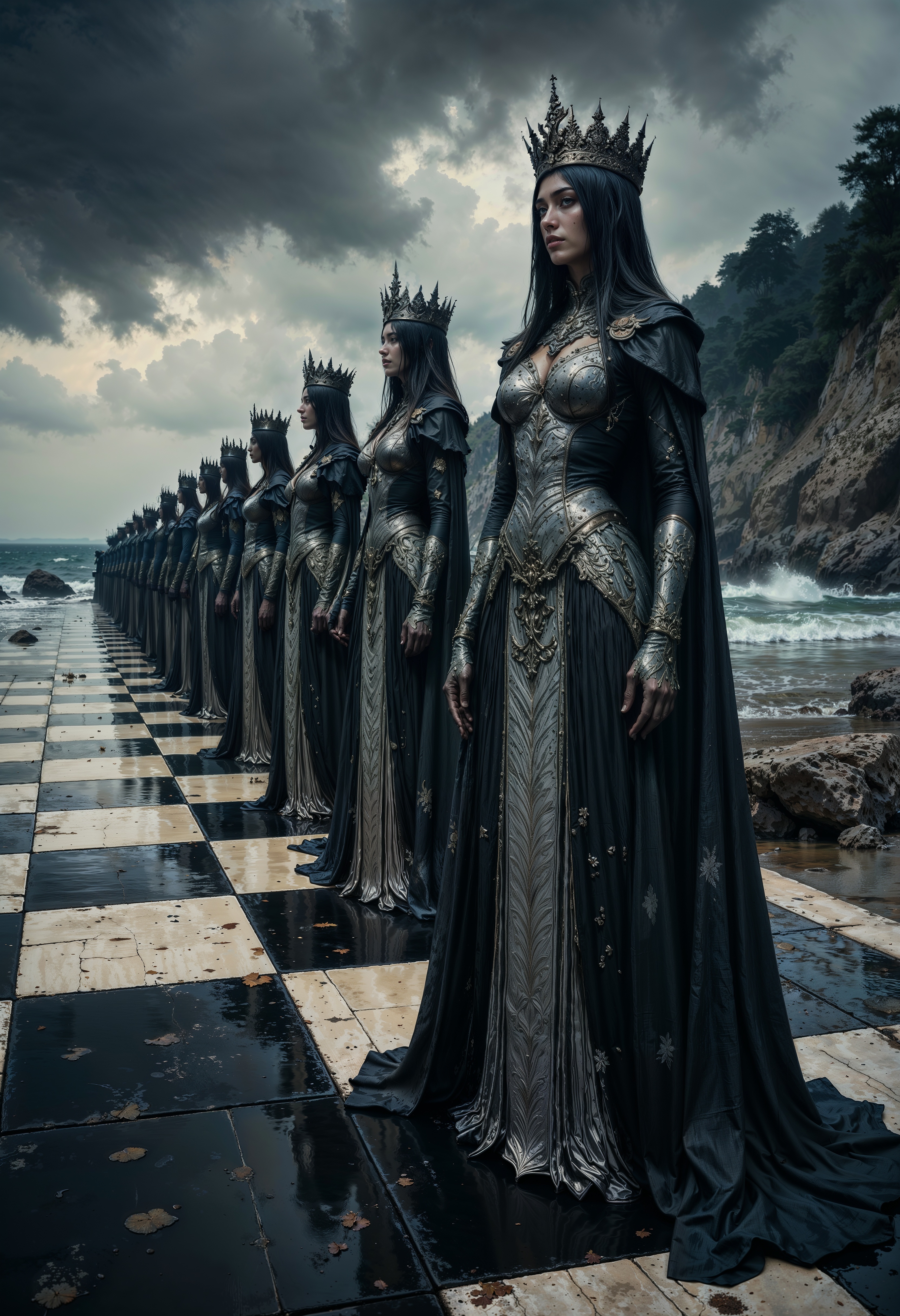taken from a low angle, captures an enchanting scene featuring a line of intricately designed chess pieces on a checkered board leading towards the ocean. The chess pieces, positioned in a row, are all female figures dressed in elaborate, flowing gowns with detailed patterns, resembling Victorian or Gothic styles. Each figure is adorned with a regal crown, enhancing their majestic appearance. The gowns are dark, likely black or deep grey, with shimmering, metallic textures that catch the light. The chessboard beneath them is classic, with glossy black and white squares, but appears worn, with some squares slightly discolored and others reflecting the surrounding environment. The background showcases a moody, overcast sky with dark, heavy clouds, and the ocean waves gently crashing against the shore, adding a dramatic and somewhat melancholic ambiance. The overall color palette is muted, dominated by dark tones and grays, creating a somber yet captivating mood. The photograph is highly detailed, capturing the textures and reflections of the metal and the smooth, glossy surface of the chessboard. The chess pieces' faces are serene and contemplative, adding an element of mystery to the scene. The image exudes a sense of timeless elegance and mystery, blending fantasy with reality.