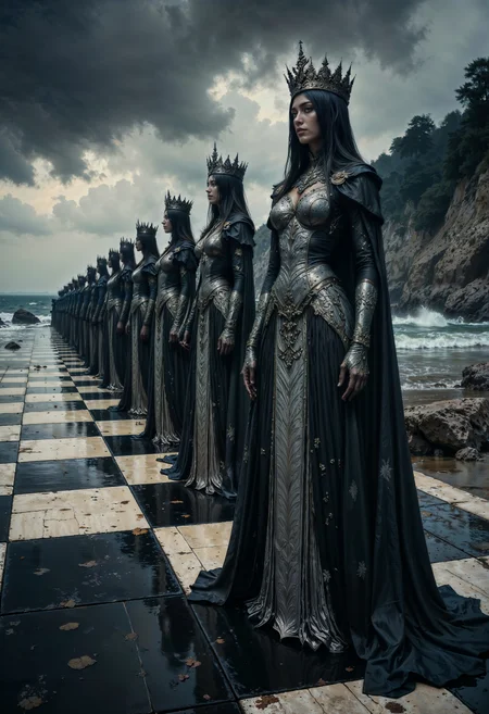 taken from a low angle, captures an enchanting scene featuring a line of intricately designed chess pieces on a checkered board leading towards the ocean. The chess pieces, positioned in a row, are all female figures dressed in elaborate, flowing gowns with detailed patterns, resembling Victorian or Gothic styles. Each figure is adorned with a regal crown, enhancing their majestic appearance. The gowns are dark, likely black or deep grey, with shimmering, metallic textures that catch the light. The chessboard beneath them is classic, with glossy black and white squares, but appears worn, with some squares slightly discolored and others reflecting the surrounding environment. The background showcases a moody, overcast sky with dark, heavy clouds, and the ocean waves gently crashing against the shore, adding a dramatic and somewhat melancholic ambiance. The overall color palette is muted, dominated by dark tones and grays, creating a somber yet captivating mood. The photograph is highly detailed, capturing the textures and reflections of the metal and the smooth, glossy surface of the chessboard. The chess pieces' faces are serene and contemplative, adding an element of mystery to the scene. The image exudes a sense of timeless elegance and mystery, blending fantasy with reality.