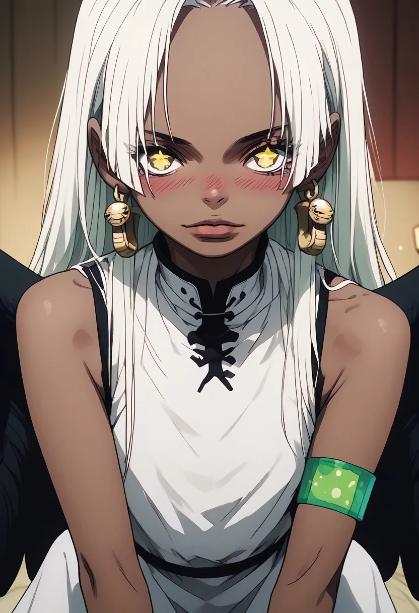 score_9, score_8_up, score_7_up, sfw, source_anime, zPDXL, score_9, score_8_up, score_7_up, score_6_up, source_anime, cartoon, 1girl, expressive eyes, perfect face, (woman), score_9, score_8, masterpiece, perfect face, anteaterface, seductive,S-Snake, 1girl, dark-skinned female, white hair, long hair, yellow eyes, symbol-shaped pupils, star-shaped black pupils, petite body, horny, short stature, earrings, black wings, feathered wings, White dress, sleeveless, black metal boots, sitting on bed, looking at viewer, blush,armlet, blushing, having straw hat, indoors <lora:S-Snake_XL_Pony:1> c r1bt
<lora:HerrscherAGGA2024_SexyToon_V1:2.5>,