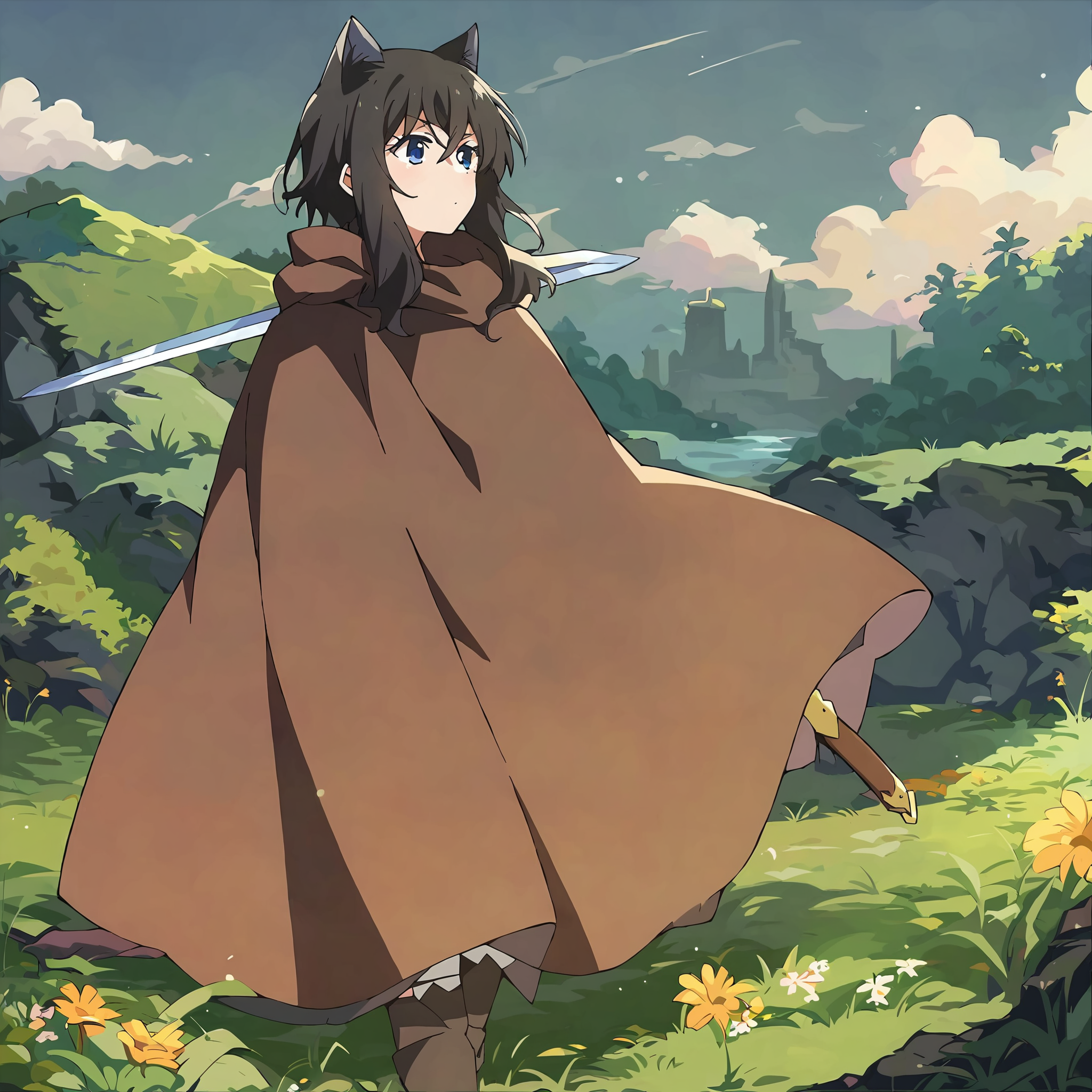 score_9, score_8_up,  score_7_up, source_anime, (best quality, masterpiece:1.3), 1girl, fran, Tensei Shitara Slime Datta Ken, <lora:fran-tensura-ponyXL-v0.5-000008:0.85>, cowboy shot,  armour,  travelling cloak, sword on back, outside, grasslands,  grass, clear sky