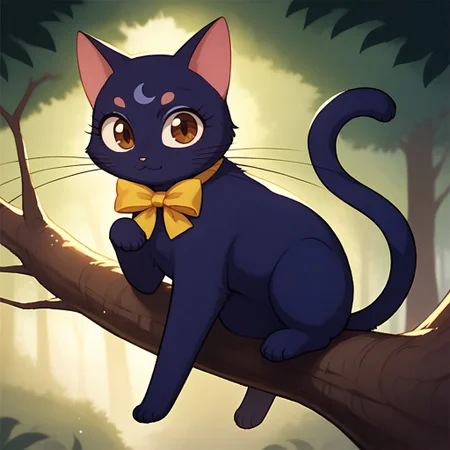 score_9_up, score_8_up, cat, furry, anime, whiskers, Luna, female, solo, dark purple fur, crest on forehead,
She wears a yellow ribbon around her neck, no human, full body,brown eyes,She sits on the branch of a tree in an enchanted fantasy forest, look at the viewer,