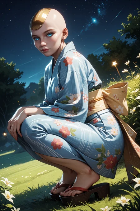 score_9, score_8_up, score_7_up, score_6_up
<lora:MKKronika:0.8>
MKKronika, 1girl, blue eyes, bald, looking at viewer, night, grass, squatting, yukata, japanese clothes, floral print, obi, from side, looking at viewer, sandals, star \(sky\)