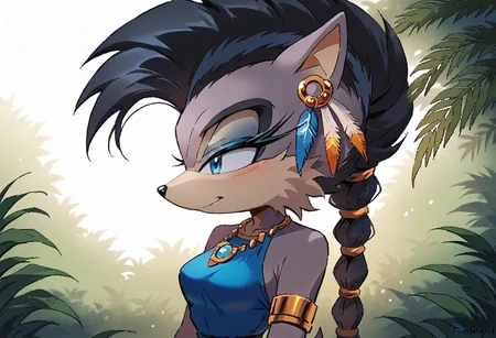 score_9, score_8_up, sonic (series), solo, 1 girl, Lupe the wolf, anthro wolf, 1girl, mohawk, black hair, braided ponytail, blue leotard, armlet, necklace, feather hair ornament, blue eyes, by Akami mirai